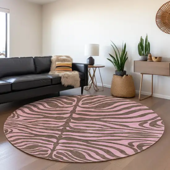 8' Brown And Pink Animal Print Washable Round Rug With UV Protection Photo 4