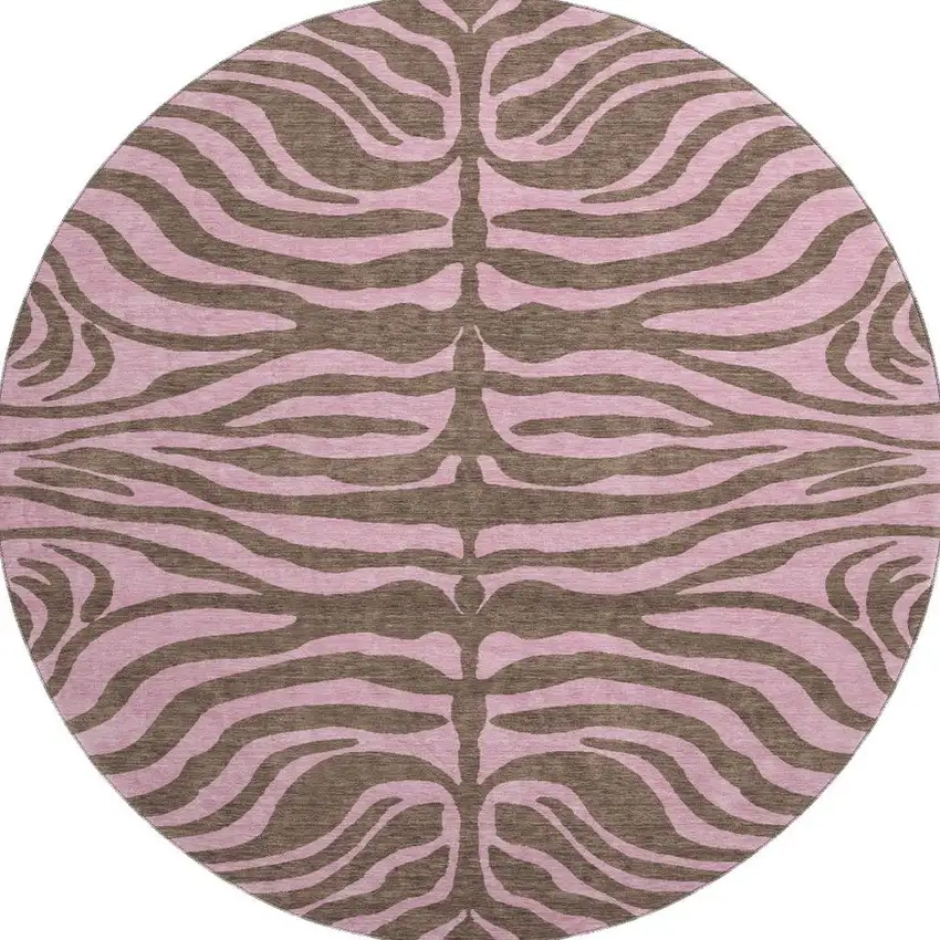 8' Brown And Pink Animal Print Washable Round Rug With UV Protection Photo 3