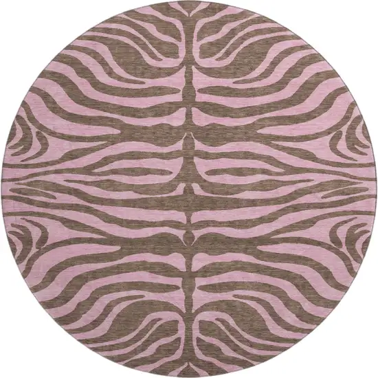 8' Brown And Pink Animal Print Washable Round Rug With UV Protection Photo 1
