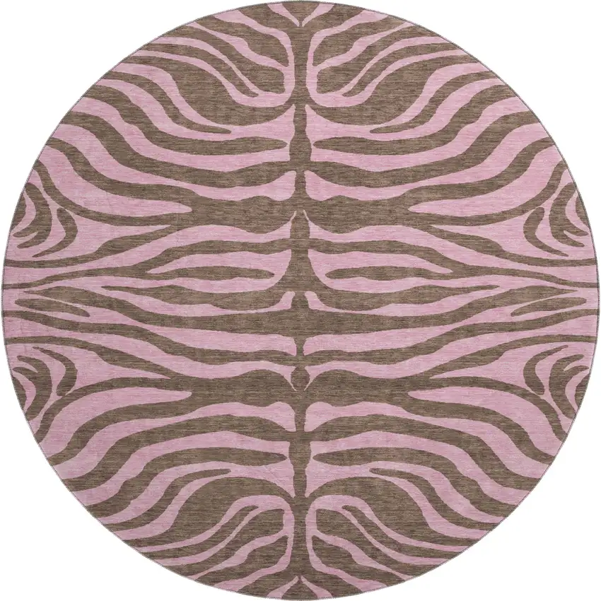 8' Brown And Pink Animal Print Washable Round Rug With UV Protection Photo 1