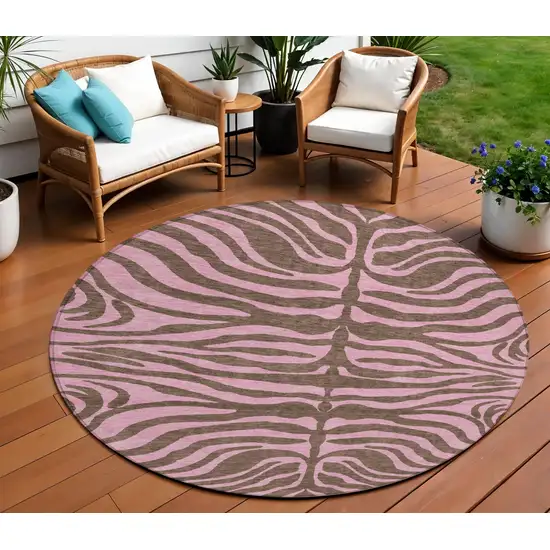 8' Brown And Pink Round Animal Print Washable Indoor Outdoor Area Rug Photo 1