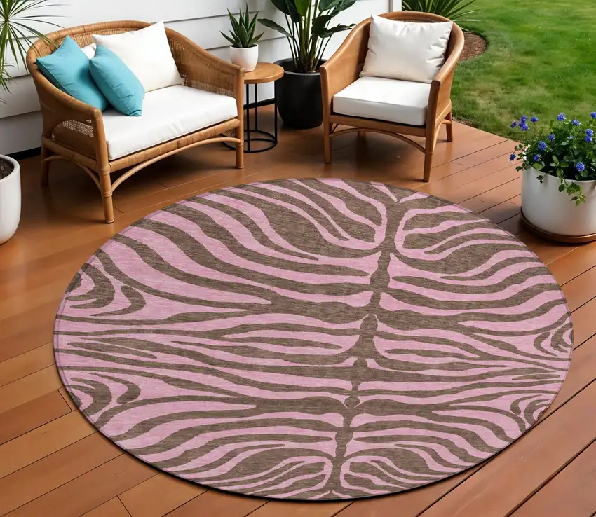 8' Brown And Pink Round Animal Print Washable Indoor Outdoor Area Rug Photo 1