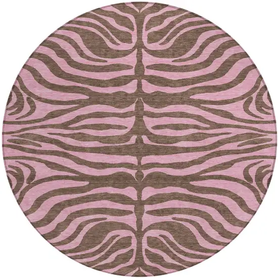 8' Brown And Pink Round Animal Print Washable Indoor Outdoor Area Rug Photo 2