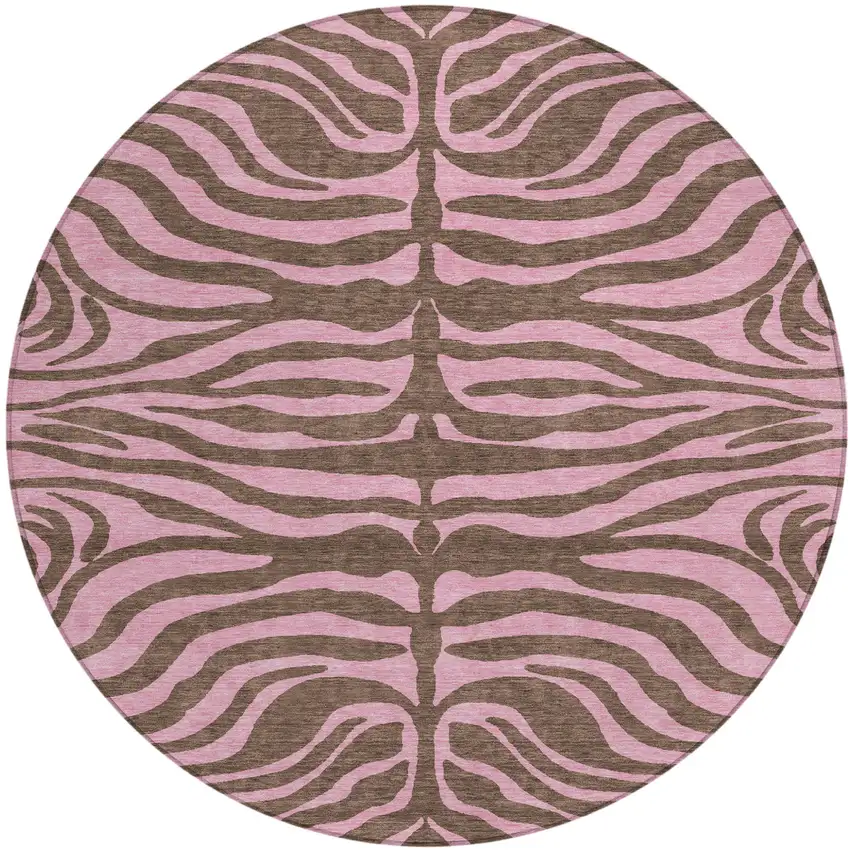 8' Brown And Pink Round Animal Print Washable Indoor Outdoor Area Rug Photo 2