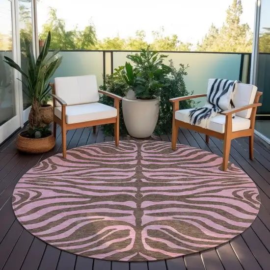 8' Brown And Pink Round Animal Print Washable Indoor Outdoor Area Rug Photo 7