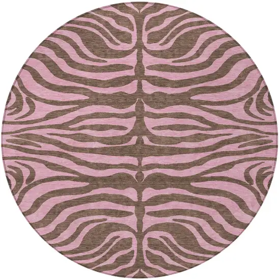 8' Brown And Pink Round Animal Print Washable Indoor Outdoor Area Rug Photo 6