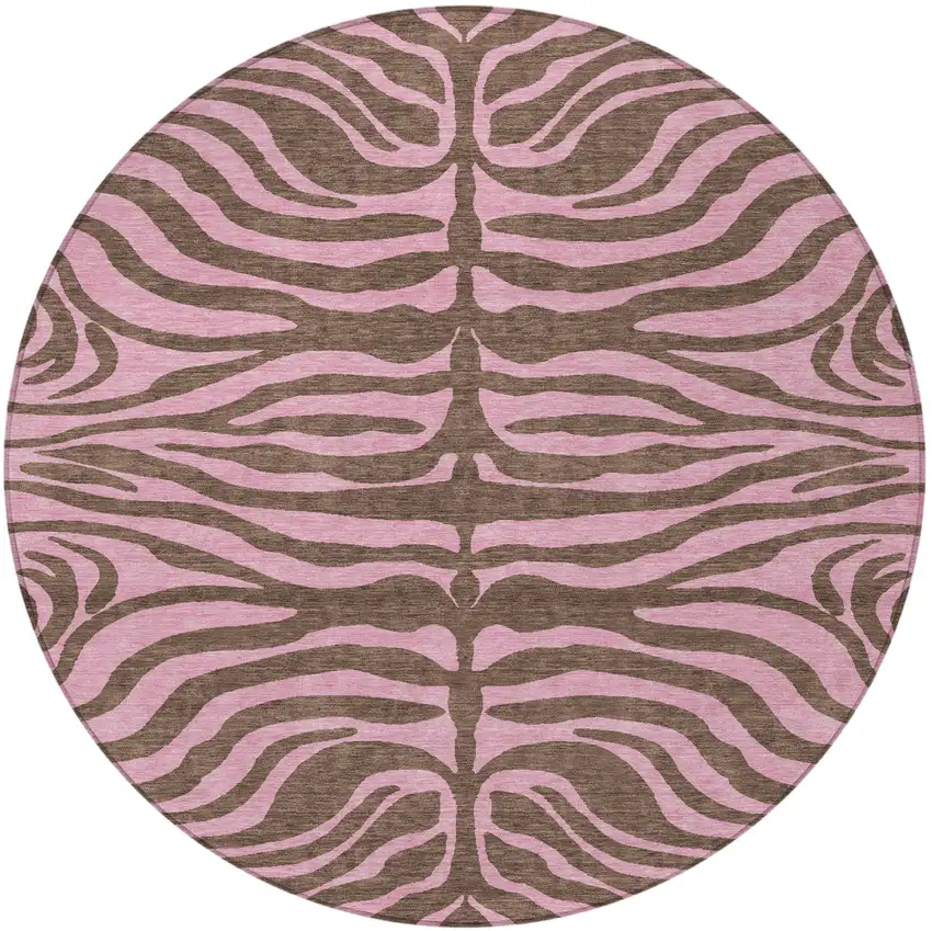 8' Brown And Pink Round Animal Print Washable Indoor Outdoor Area Rug Photo 6