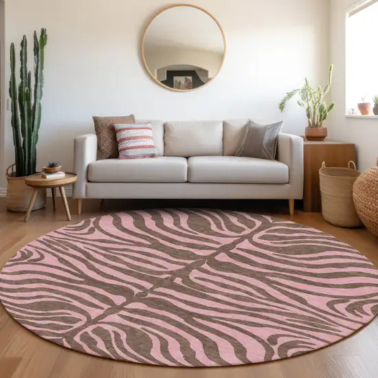 8' Brown And Pink Round Animal Print Washable Indoor Outdoor Area Rug Photo 8