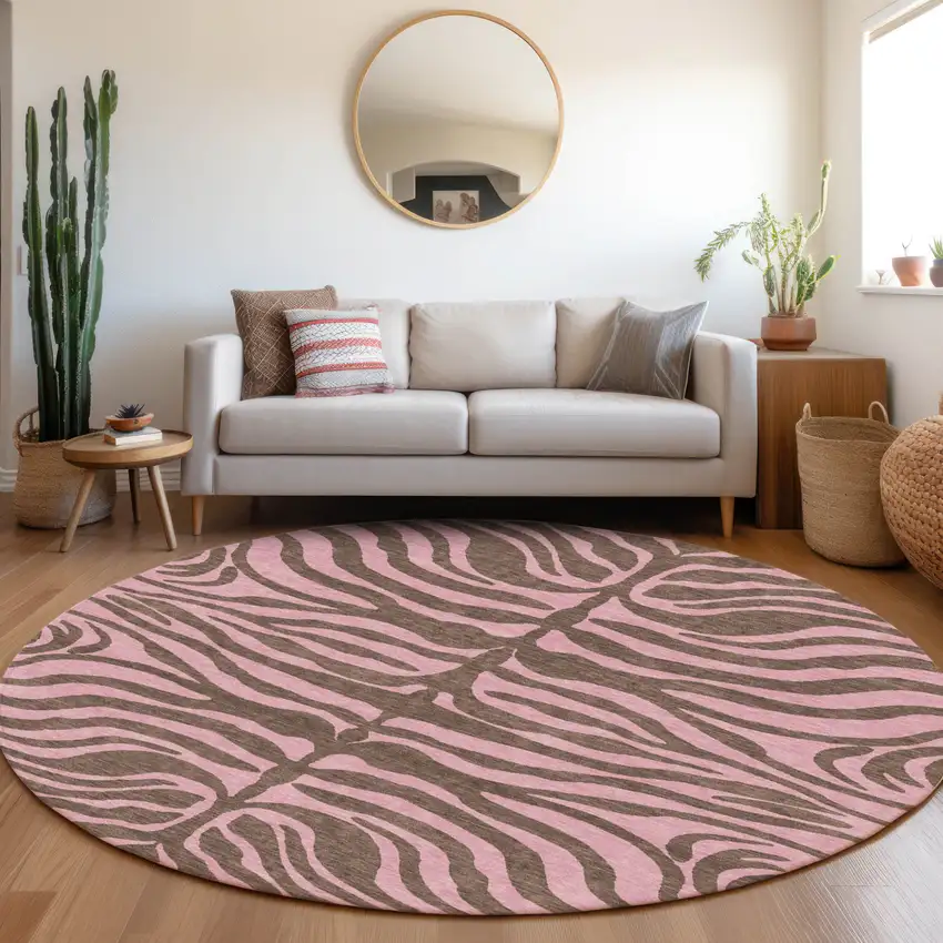 8' Brown And Pink Round Animal Print Washable Indoor Outdoor Area Rug Photo 8