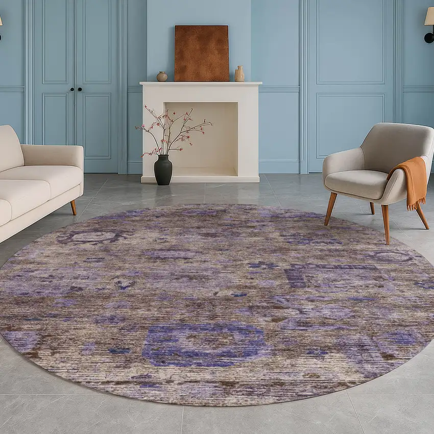 8' Brown And Plum Round Abstract Washable Indoor Outdoor Area Rug Photo 5