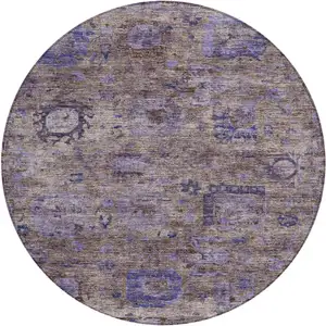 Photo of 8' Brown And Plum Round Abstract Washable Indoor Outdoor Area Rug