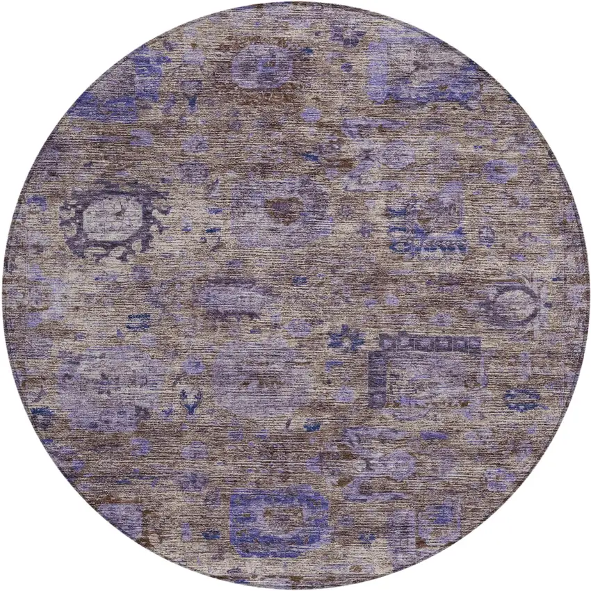 8' Brown And Plum Round Abstract Washable Indoor Outdoor Area Rug Photo 1