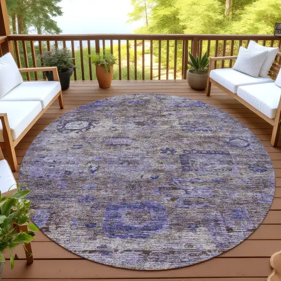 8' Brown And Plum Round Abstract Washable Indoor Outdoor Area Rug Photo 4