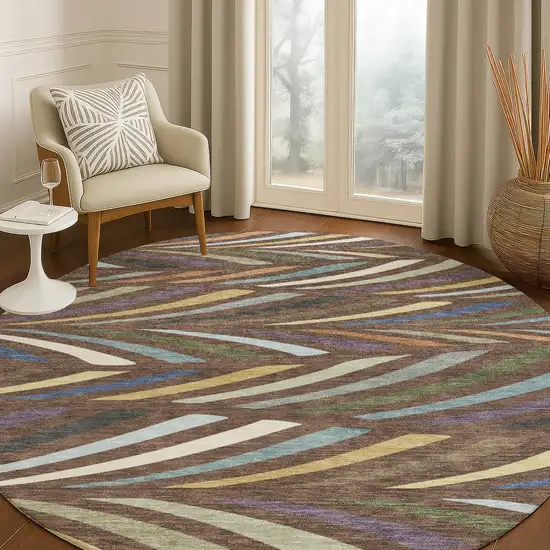8' Brown And Plum Round Abstract Washable Indoor Outdoor Area Rug Photo 5