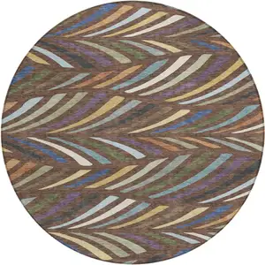 Photo of 8' Brown And Plum Round Abstract Washable Indoor Outdoor Area Rug