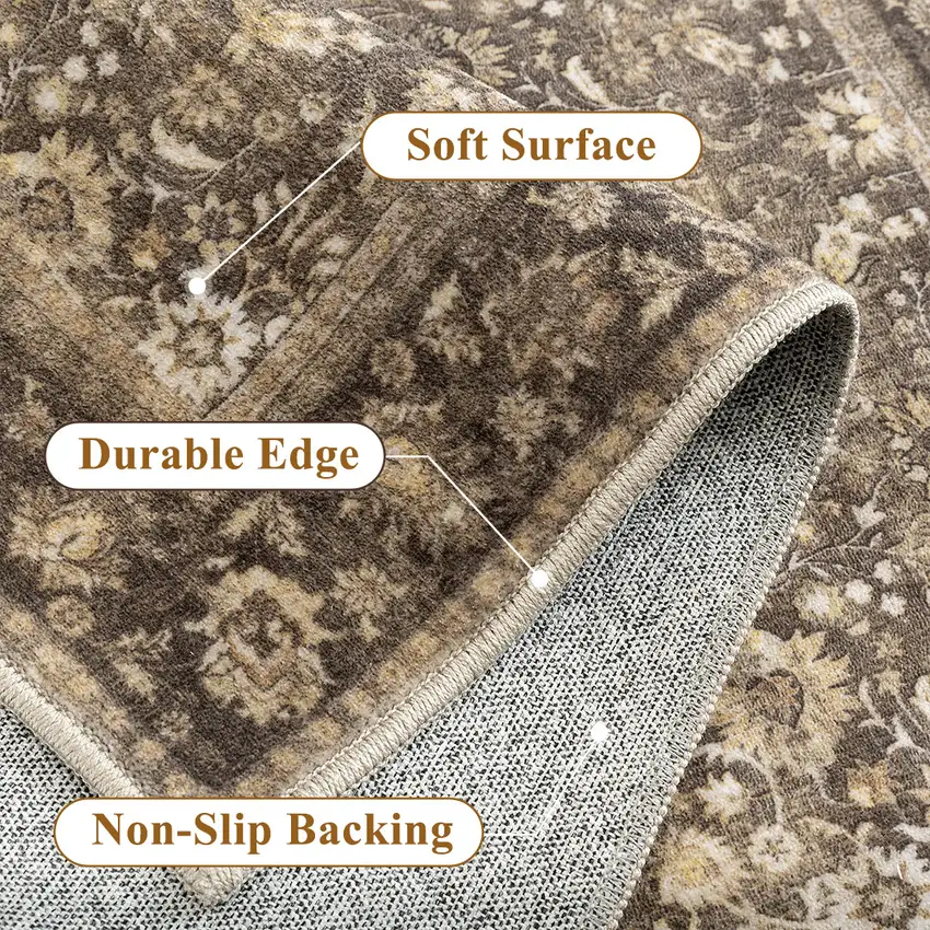 8' Brown And Red Floral Washable Area Rug Photo 6