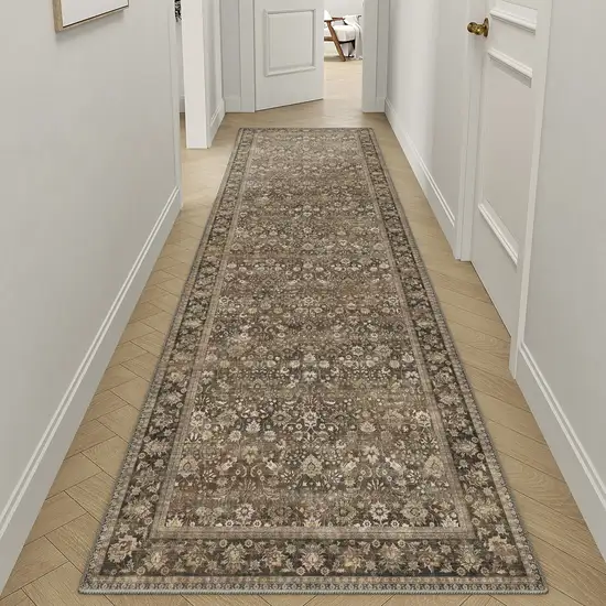 8' Brown Ivory And Tan Floral Medallion Washable Runner Rug Photo 5
