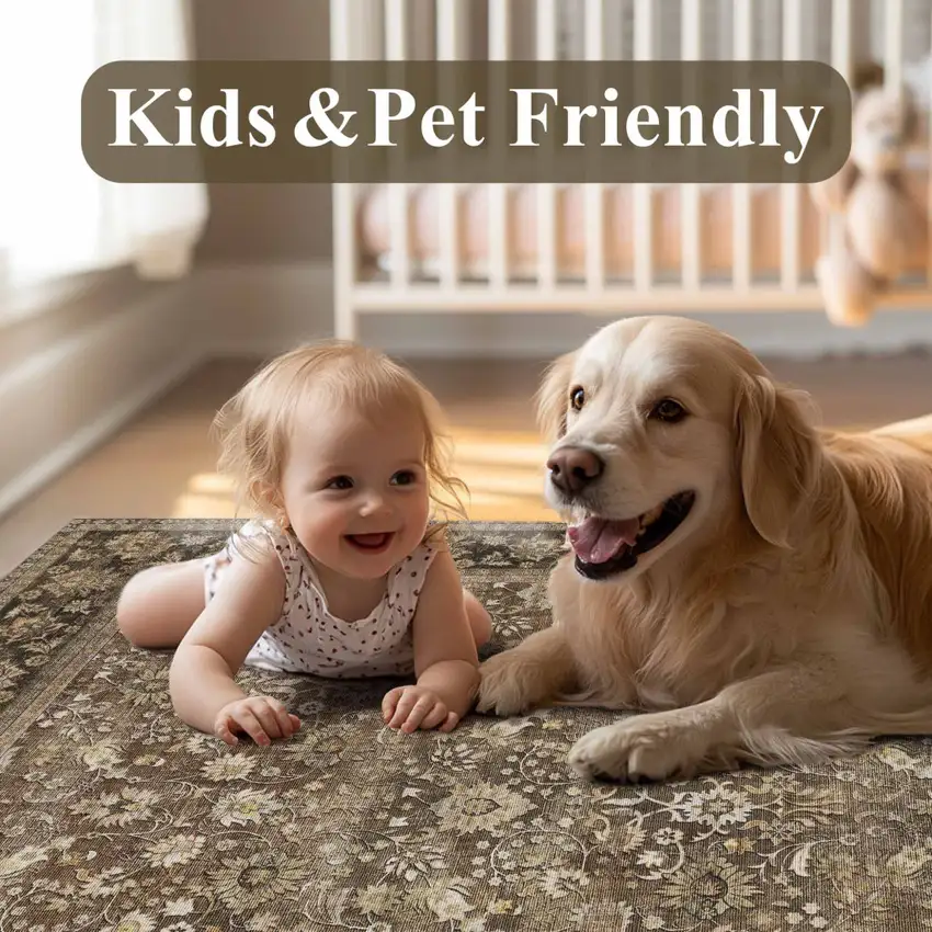 8' Brown And Red Floral Washable Area Rug Photo 4