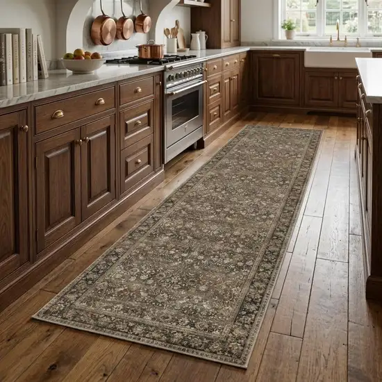 8' Brown Ivory And Tan Floral Medallion Washable Runner Rug Photo 1