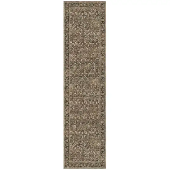 8' Brown Ivory And Tan Floral Medallion Washable Runner Rug Photo 2