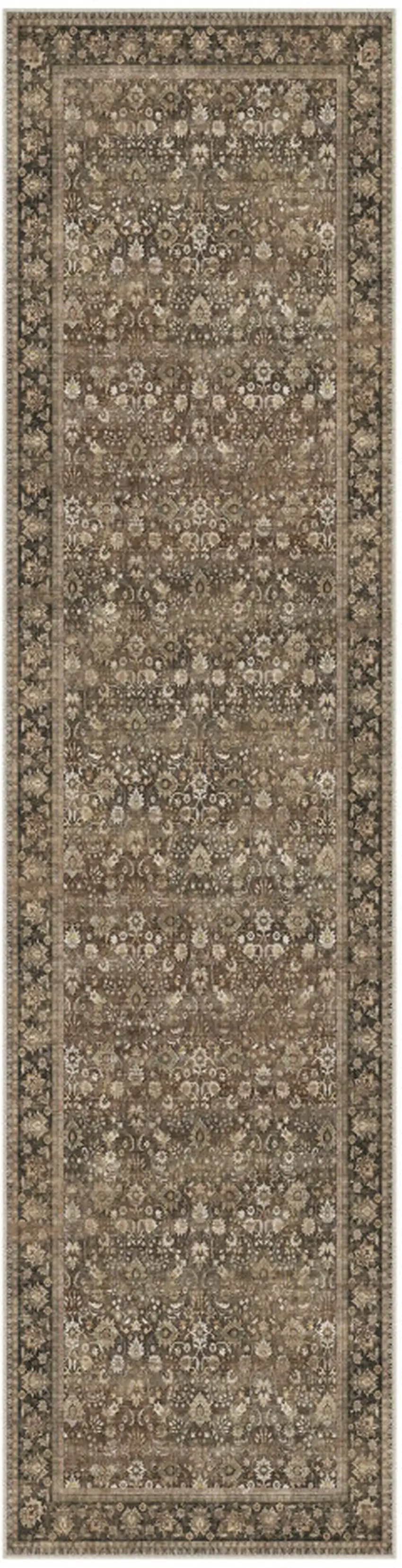 8' Brown Ivory And Tan Floral Medallion Washable Runner Rug Photo 2