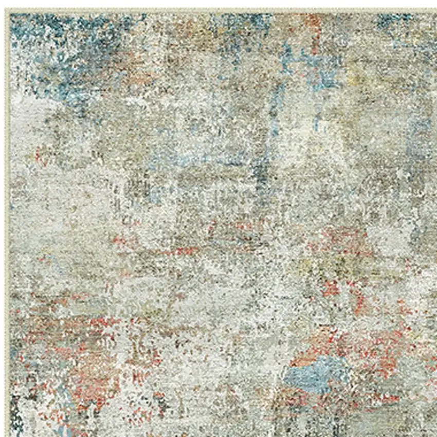 8' Ivory Light Green And Blue Abstract Washable Runner Rug Photo 9