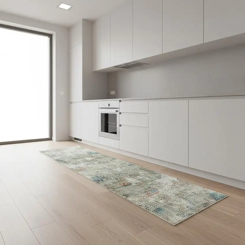 8' Ivory Light Green And Blue Abstract Washable Runner Rug Photo 1