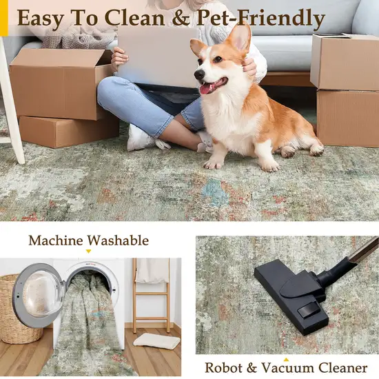 8' Ivory Light Green And Blue Abstract Washable Runner Rug Photo 8