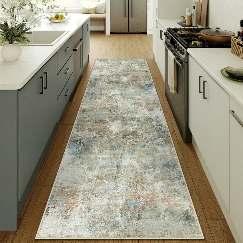 8' Ivory Light Green And Blue Abstract Washable Runner Rug Photo 6