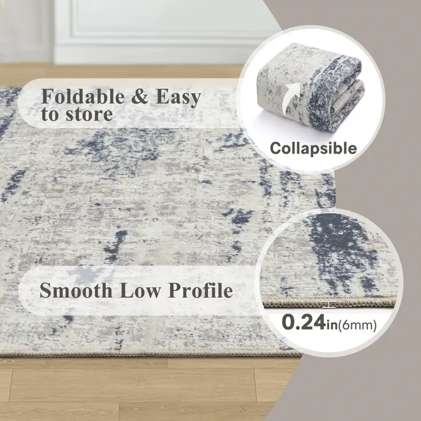 8' Ivory And Slate Blue Abstract Washable Runner Rug Photo 9