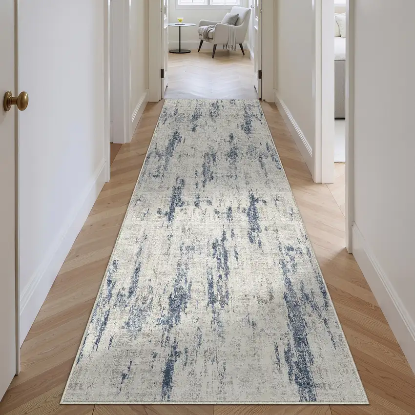 8' Ivory And Slate Blue Abstract Washable Runner Rug Photo 5