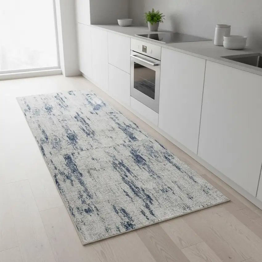 8' Ivory And Slate Blue Abstract Washable Runner Rug Photo 1