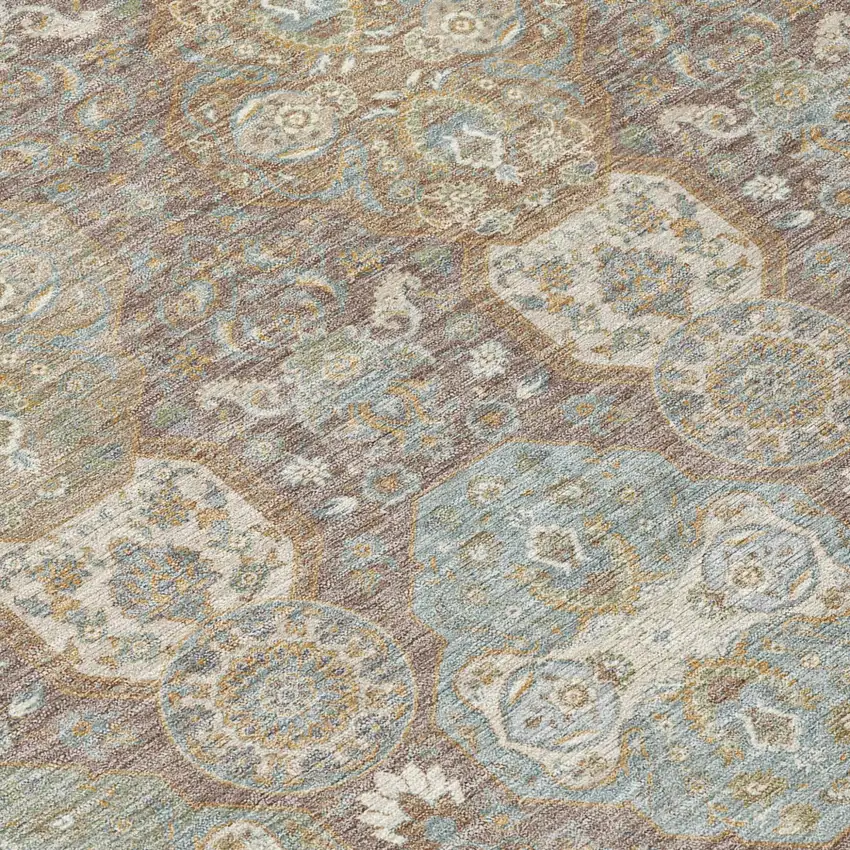 8' Brown And Sage Round Floral Washable Indoor Outdoor Area Rug Photo 6
