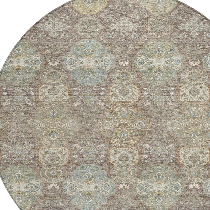 8' Brown And Sage Round Floral Washable Indoor Outdoor Area Rug Photo 3
