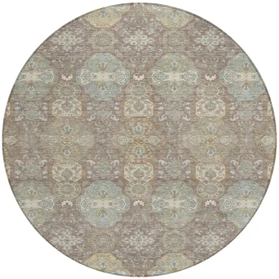 8' Brown And Sage Round Floral Washable Indoor Outdoor Area Rug Photo 2