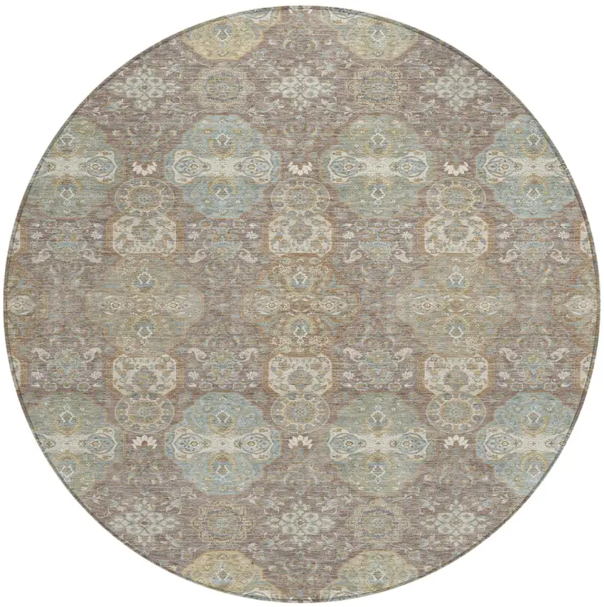 8' Brown And Sage Round Floral Washable Indoor Outdoor Area Rug Photo 2