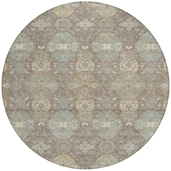 8' Brown And Sage Round Floral Washable Indoor Outdoor Area Rug Photo 4