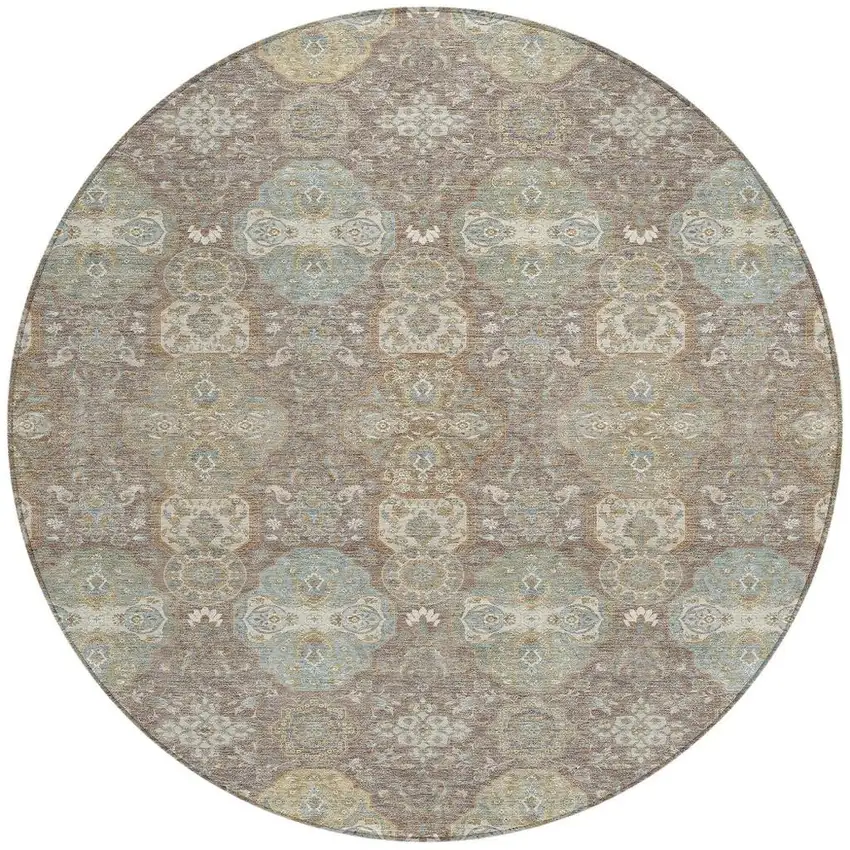 8' Brown And Sage Round Floral Washable Indoor Outdoor Area Rug Photo 4