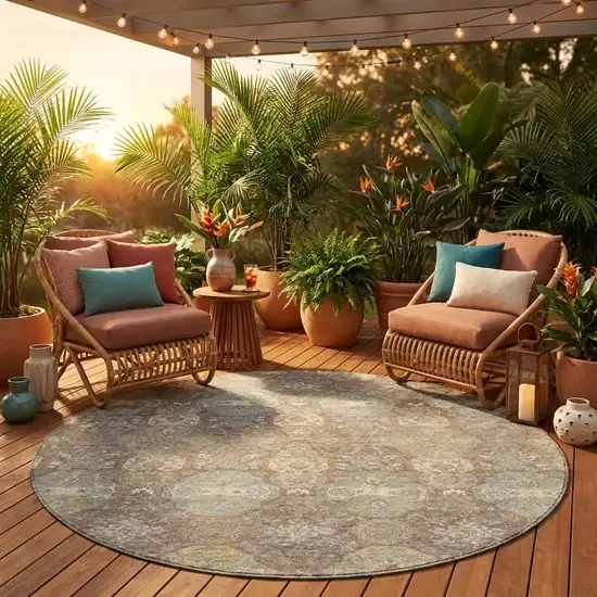 8' Brown And Sage Round Floral Washable Indoor Outdoor Area Rug Photo 1