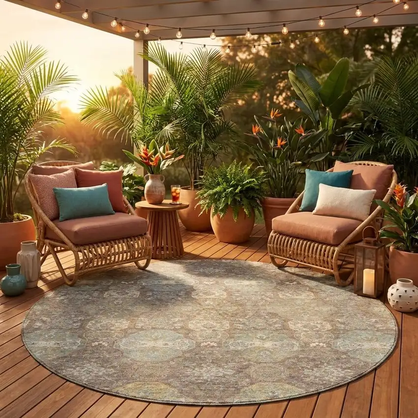 8' Brown And Sage Round Floral Washable Indoor Outdoor Area Rug Photo 1
