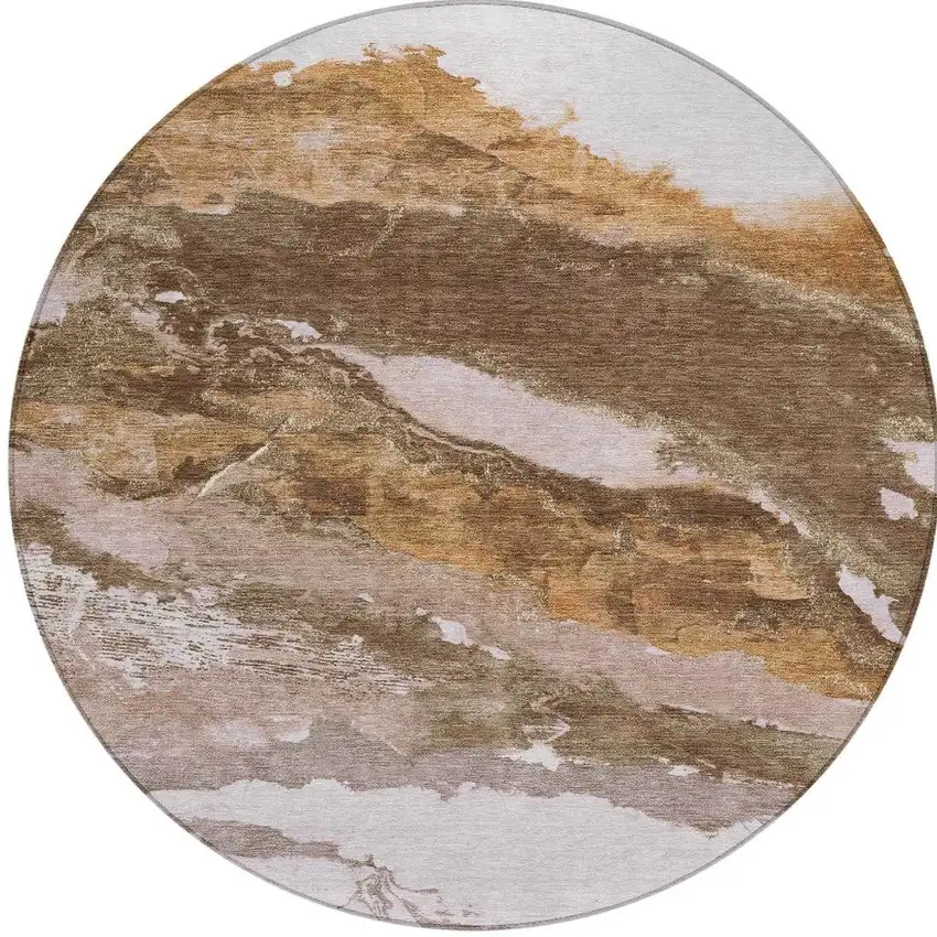 8' Brown And Silver Round Abstract Washable Indoor Outdoor Area Rug Photo 3