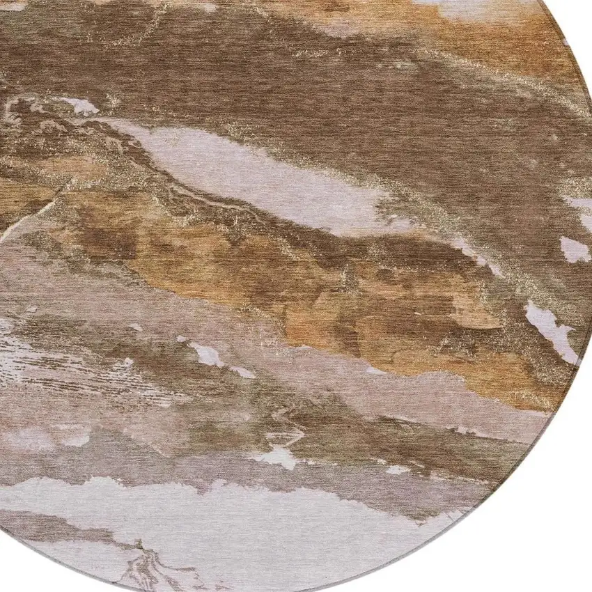 8' Brown And Silver Round Abstract Washable Indoor Outdoor Area Rug Photo 4