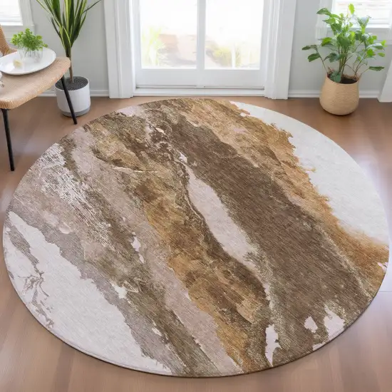 8' Brown And Silver Round Abstract Washable Indoor Outdoor Area Rug Photo 7