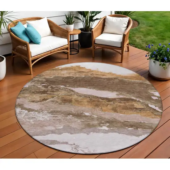 8' Brown And Silver Round Abstract Washable Indoor Outdoor Area Rug Photo 2