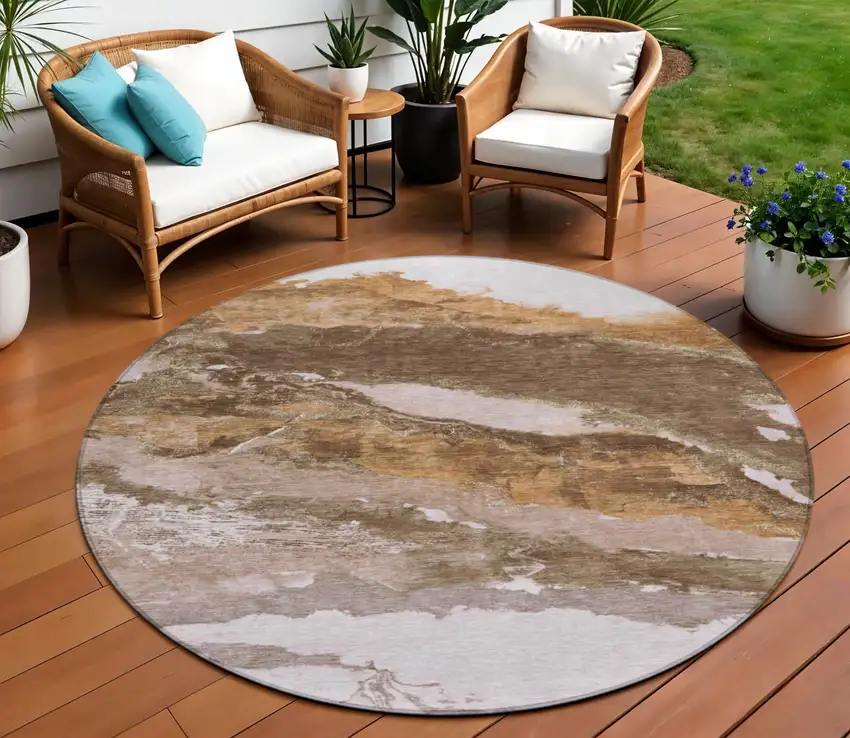 8' Brown And Silver Round Abstract Washable Indoor Outdoor Area Rug Photo 2