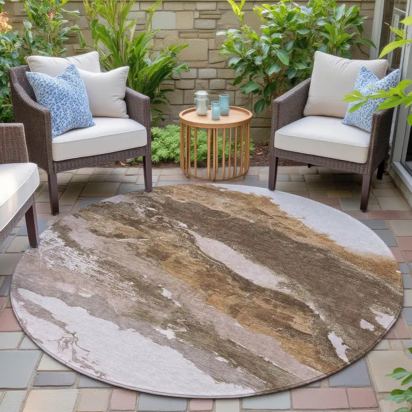 8' Brown And Silver Round Abstract Washable Indoor Outdoor Area Rug Photo 6