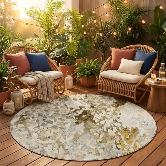 8' Brown And Silver Round Abstract Washable Indoor Outdoor Area Rug Photo 1