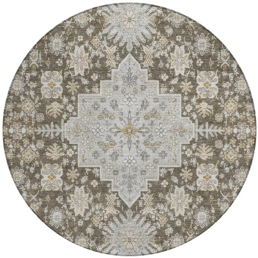 8' Brown And Silver Round Oriental Washable Indoor Outdoor Area Rug Photo 2