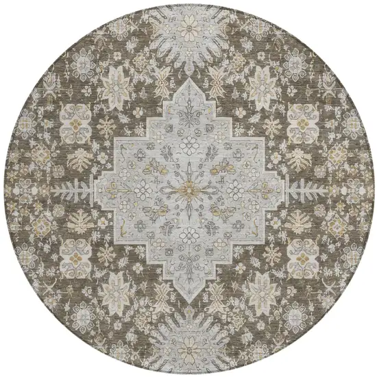 8' Brown And Silver Round Oriental Washable Indoor Outdoor Area Rug Photo 2
