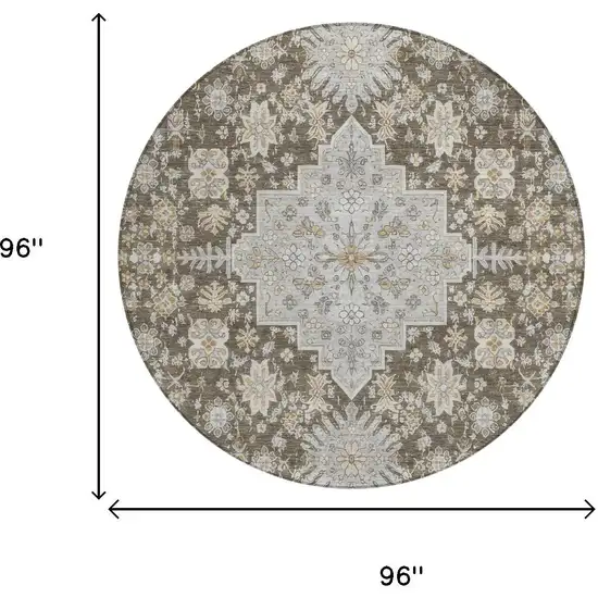 8' Brown And Silver Round Oriental Washable Indoor Outdoor Area Rug Photo 5
